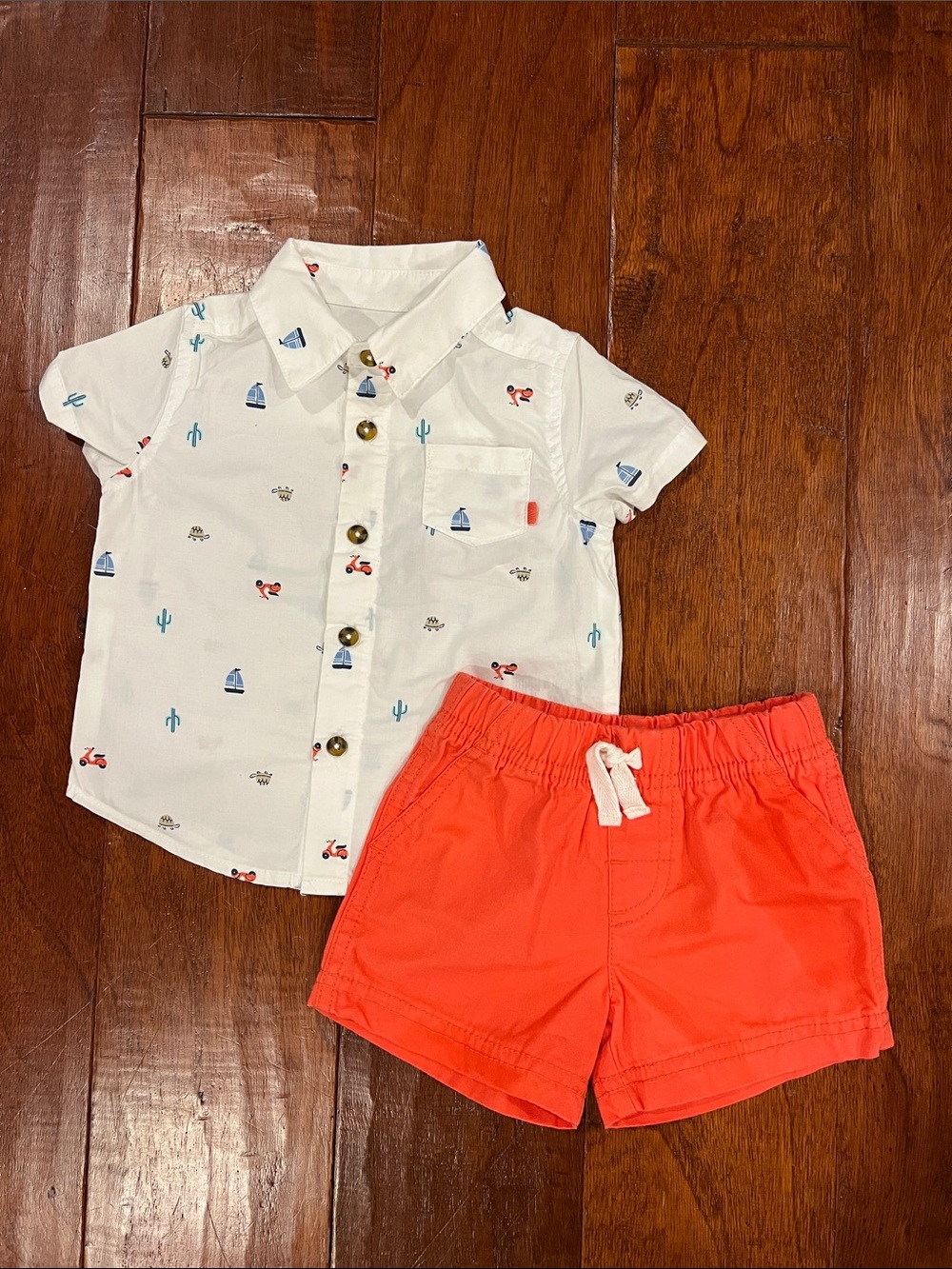 Toddler White Short Sleeve Button Shirt with Coral Shorts